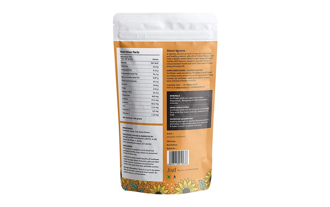 9Grams Sprouted & Crunchy Sunflower Seeds Classic Salted   Pack  100 grams